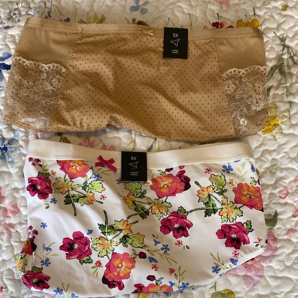 1 Floral / white and 1 polka dot / nude Women's thong Underwear size 5x NWT